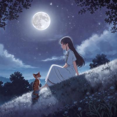 The primary subject of the image is a woman sitting on a hillside at night, looking at a cat. The setting is a grassy hill with a night sky in the background. The visual style is an illustration, and the colors and mood are serene and peaceful.